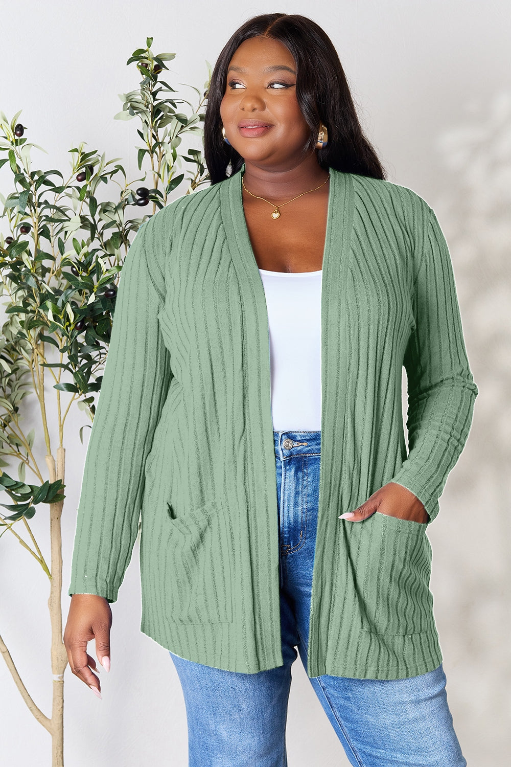 Basic Bae Full Size Ribbed Open Front Cardigan with Pockets Tops Scarlet Avenue Light Green S 