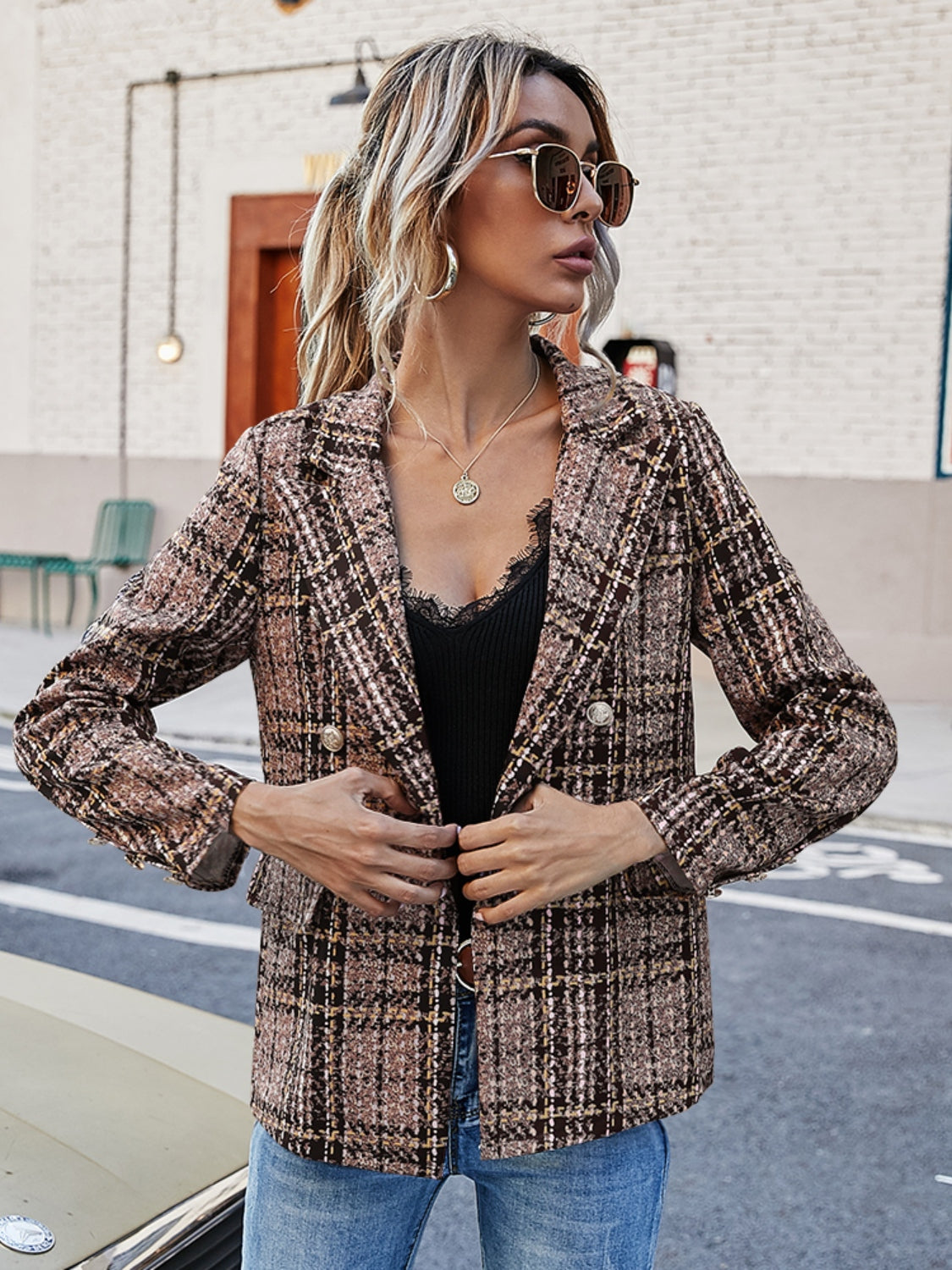 Full Size Plaid Lapel Collar Blazer Outerwear Scarlet Avenue   