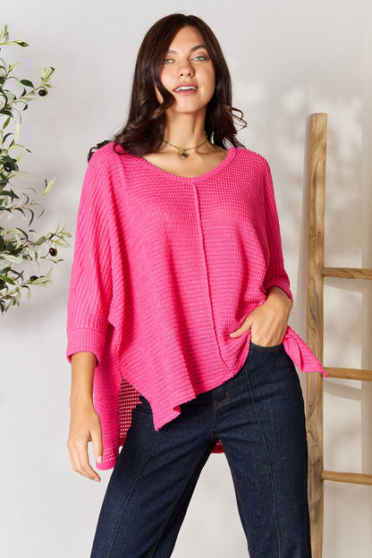 Zenana Full Size Round Neck High-Low Slit Knit Top Tops Scarlet Avenue Fuchsia S/M 