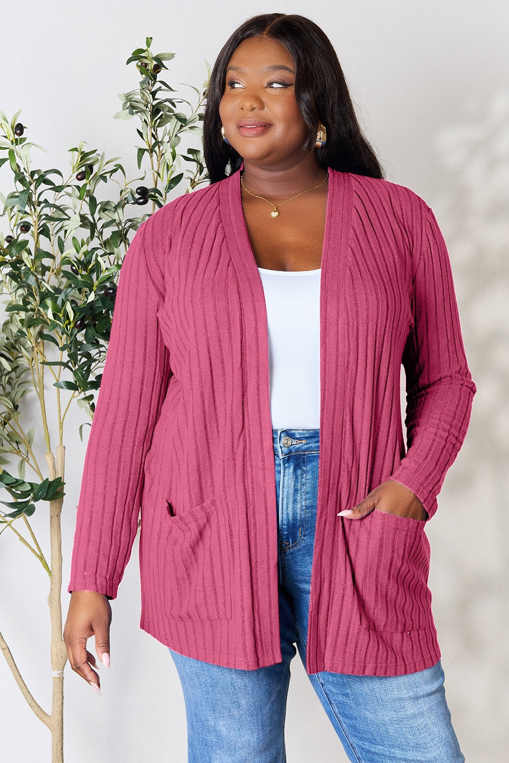 Basic Bae Full Size Ribbed Open Front Cardigan with Pockets Tops Scarlet Avenue Pink S 