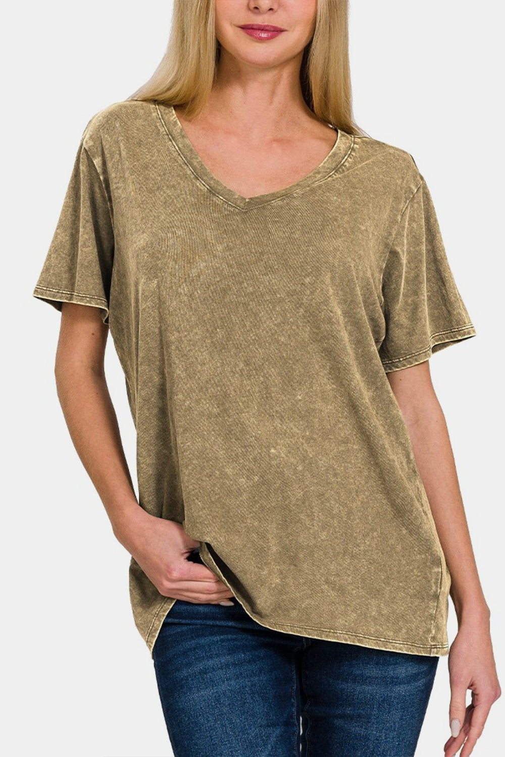 Zenana Washed Short Sleeve V-Neck T-Shirt Tops Scarlet Avenue Mocha S 