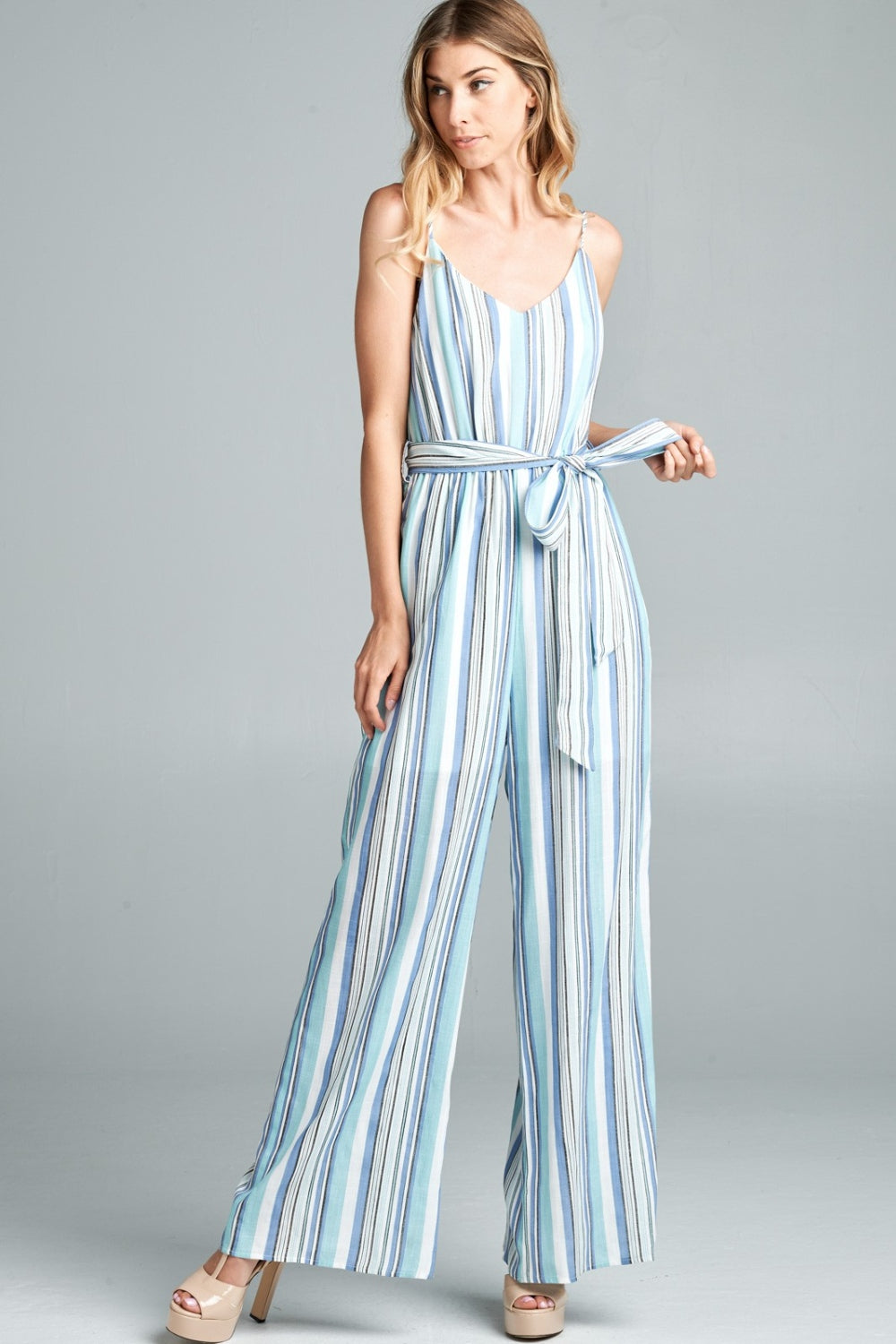 Cotton Bleu by Nu Label Tie Front Striped Sleeveless Jumpsuit Dresses Scarlet Avenue   