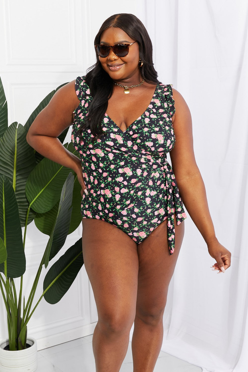 Marina West Swim Full Size Float On Ruffle Faux Wrap One-Piece in Floral Swimwear Scarlet Avenue   