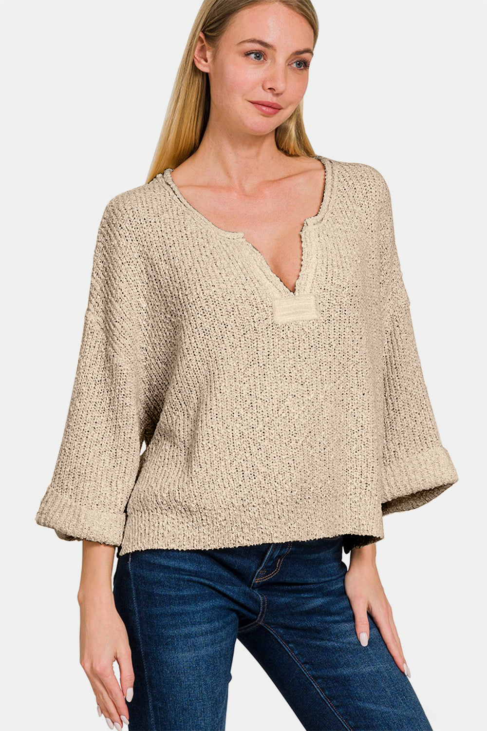 Zenana Notched Side Slit Patch Sweater Tops Scarlet Avenue   