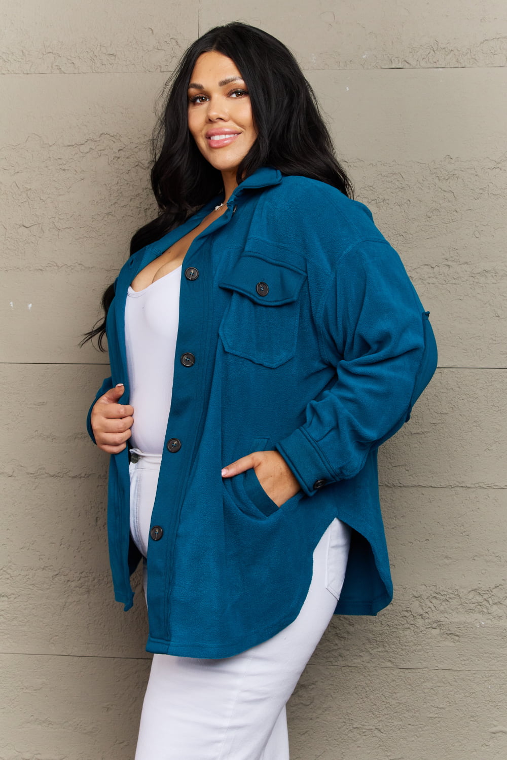 Zenana Cozy in the Cabin Full Size Fleece Elbow Patch Shacket in Teal Outerwear Scarlet Avenue   