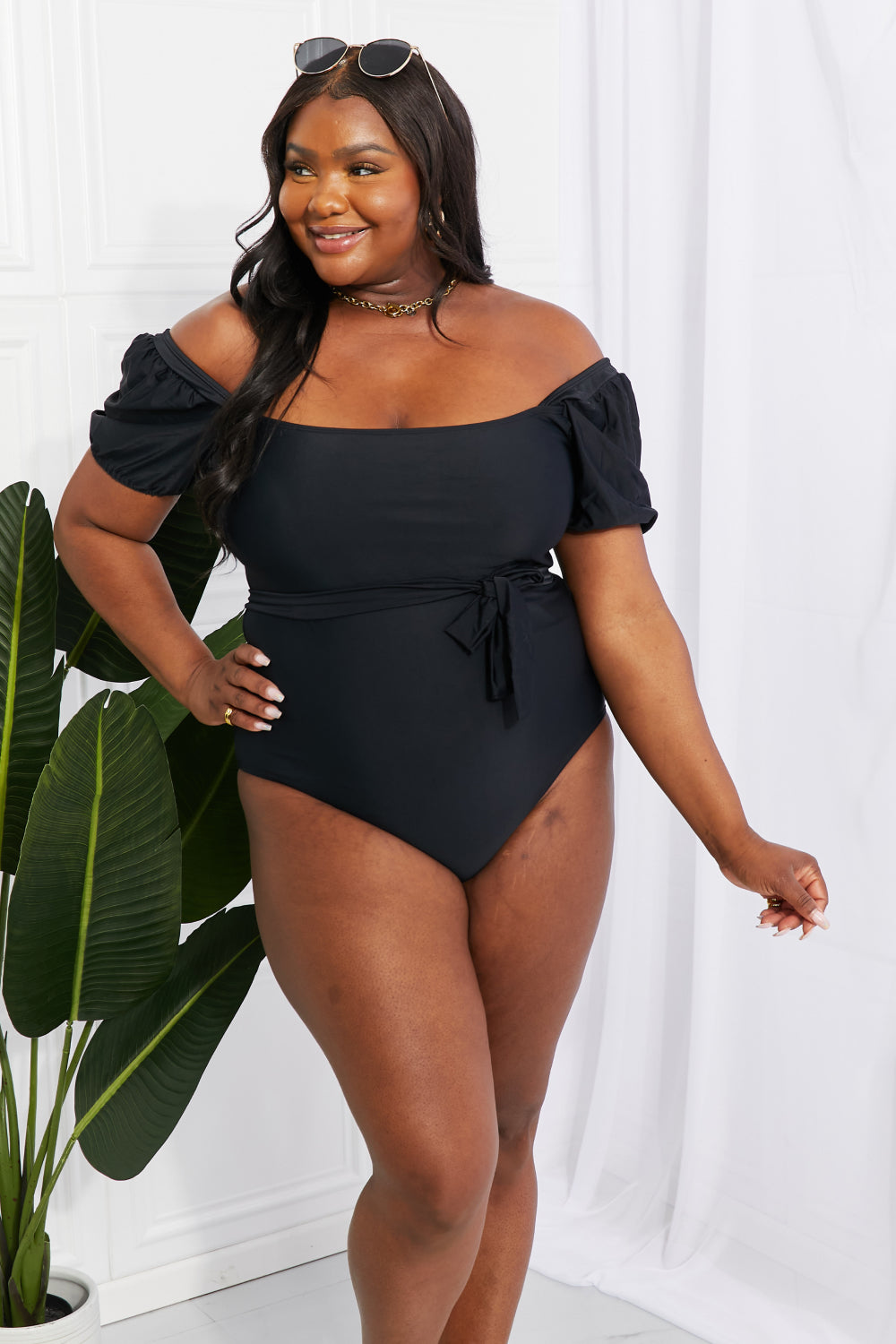 Marina West Swim Salty Air Puff Sleeve One-Piece in Black Swimwear Scarlet Avenue   