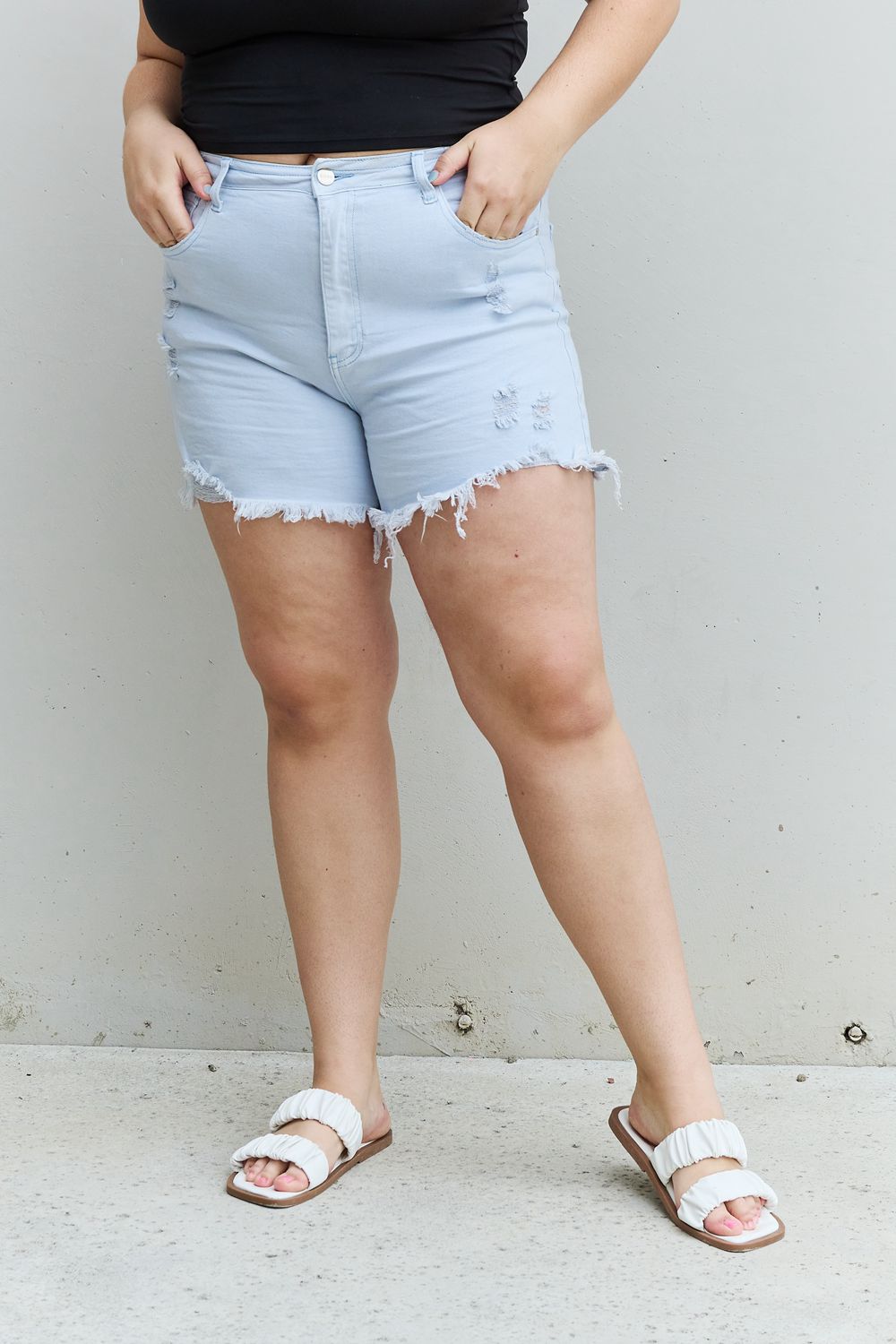 RISEN Katie Full Size High Waisted Distressed Shorts in Ice Blue Bottoms Scarlet Avenue Light S 