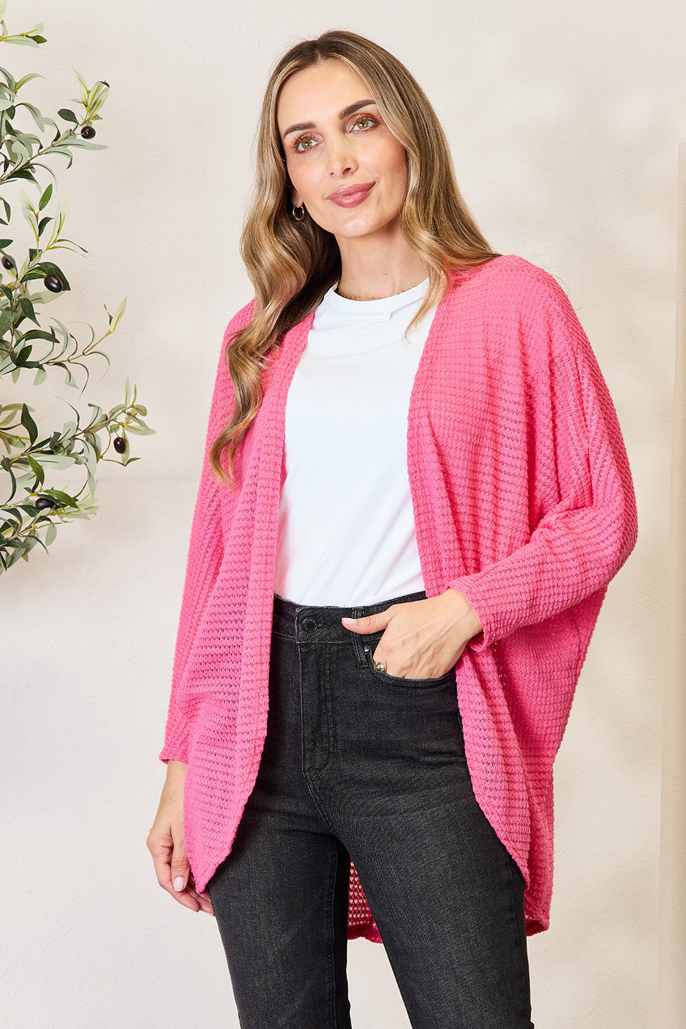 Heimish Full Size Open Front Long Sleeve Cardigan Tops Scarlet Avenue Pink S 