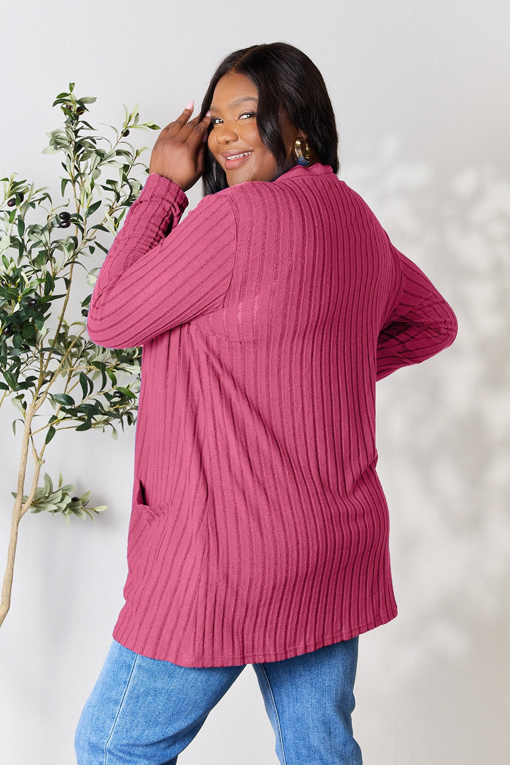 Basic Bae Full Size Ribbed Open Front Cardigan with Pockets Tops Scarlet Avenue   