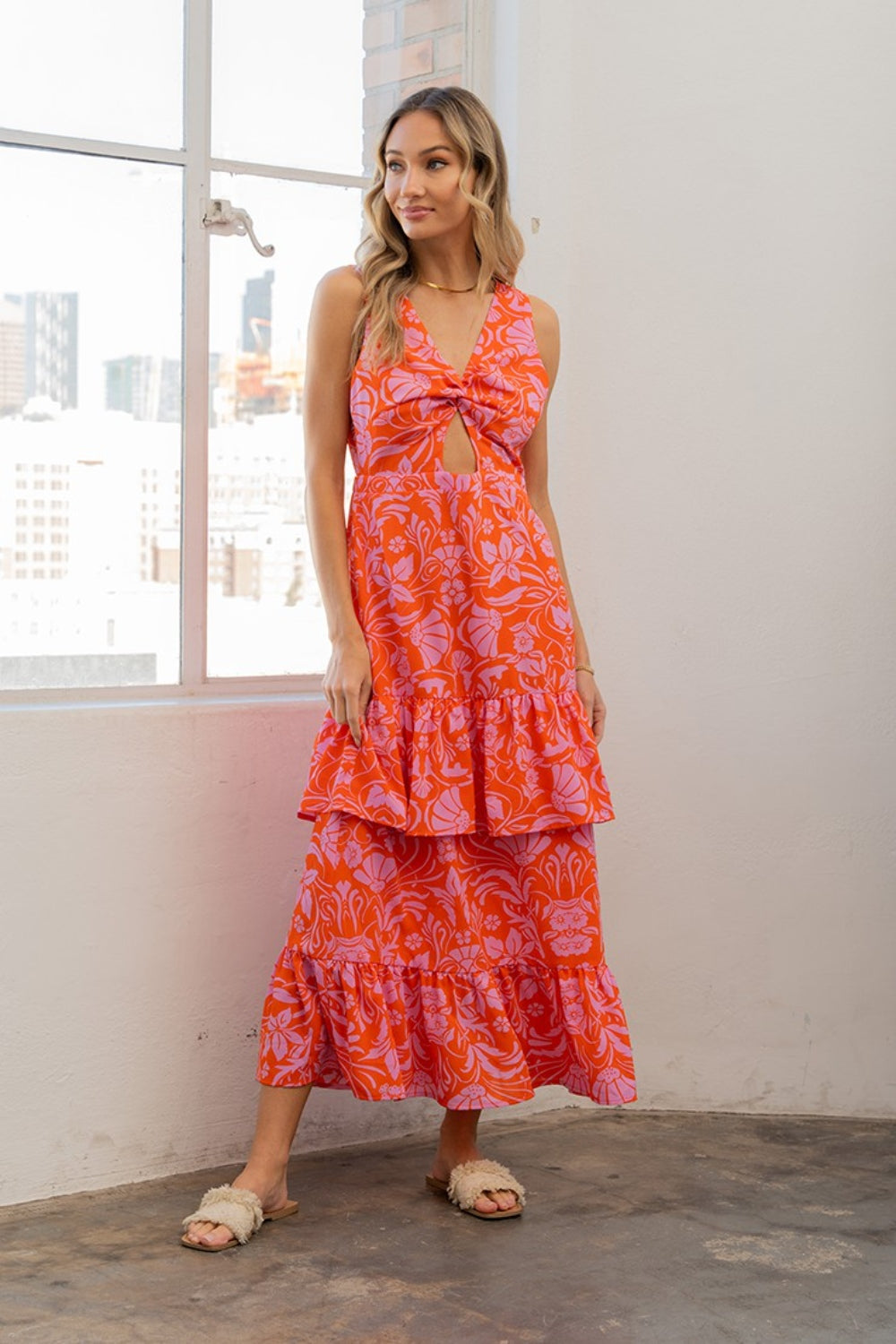 Sew In Love Full Size Floral Ruffled Maxi Sleeveless Dress Dresses Scarlet Avenue Orange/Violet S 