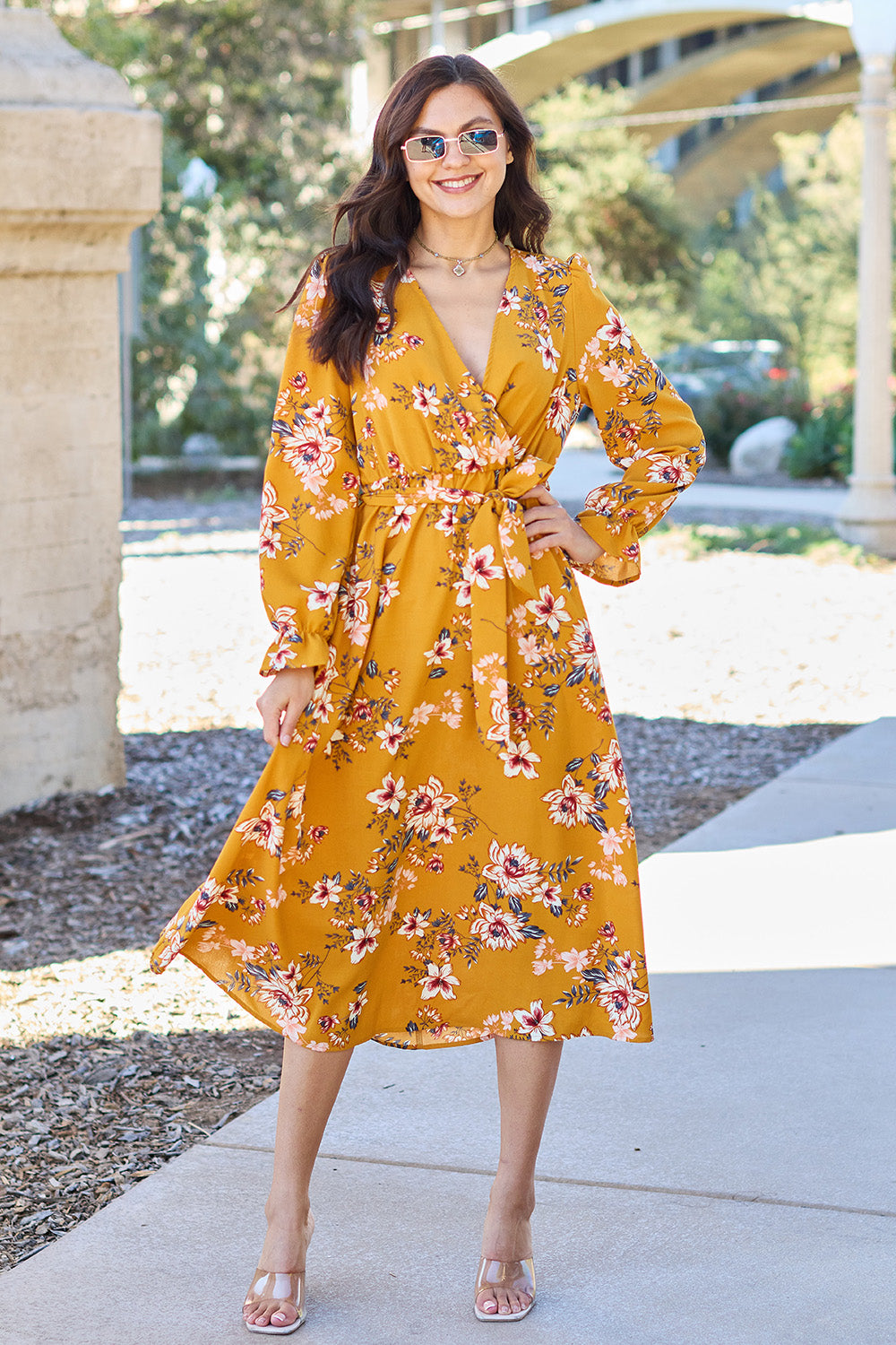 Double Take Full Size Floral Tie Back Flounce Sleeve Dress Dresses Scarlet Avenue Caramel S 