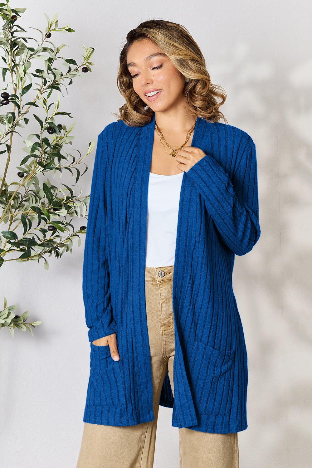 Basic Bae Full Size Ribbed Open Front Cardigan with Pockets Tops Scarlet Avenue   