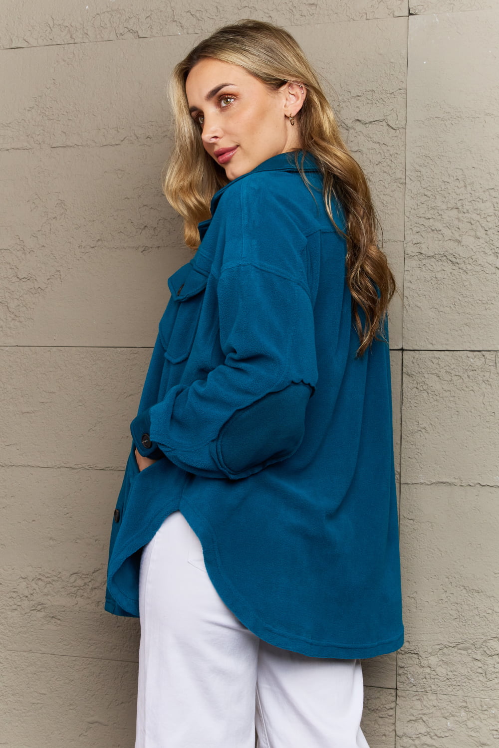 Zenana Cozy in the Cabin Full Size Fleece Elbow Patch Shacket in Teal Outerwear Scarlet Avenue   