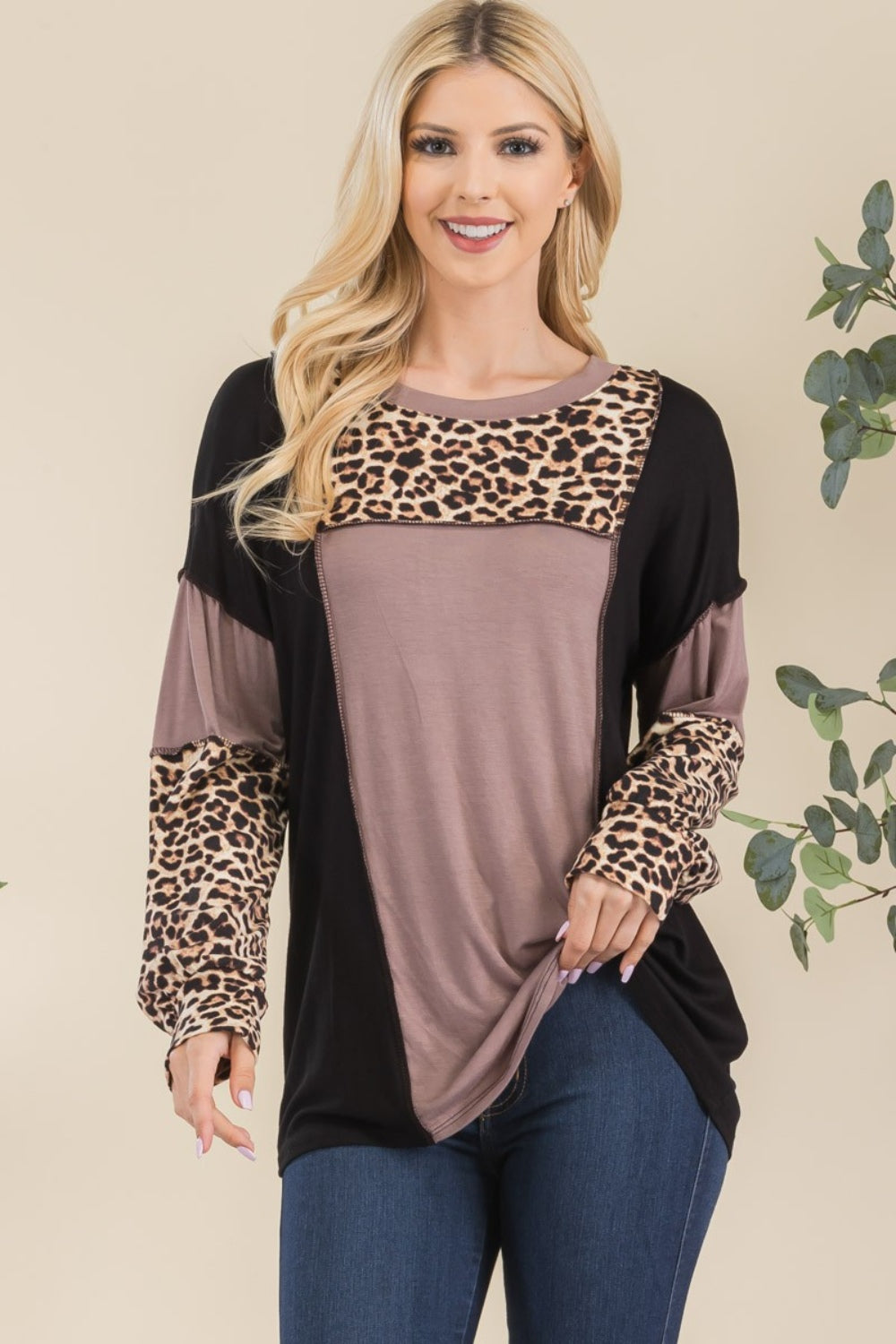 Celeste Full Size Leopard Color Block Exposed Seam T-Shirt Tops Scarlet Avenue Mocha Leopard S 