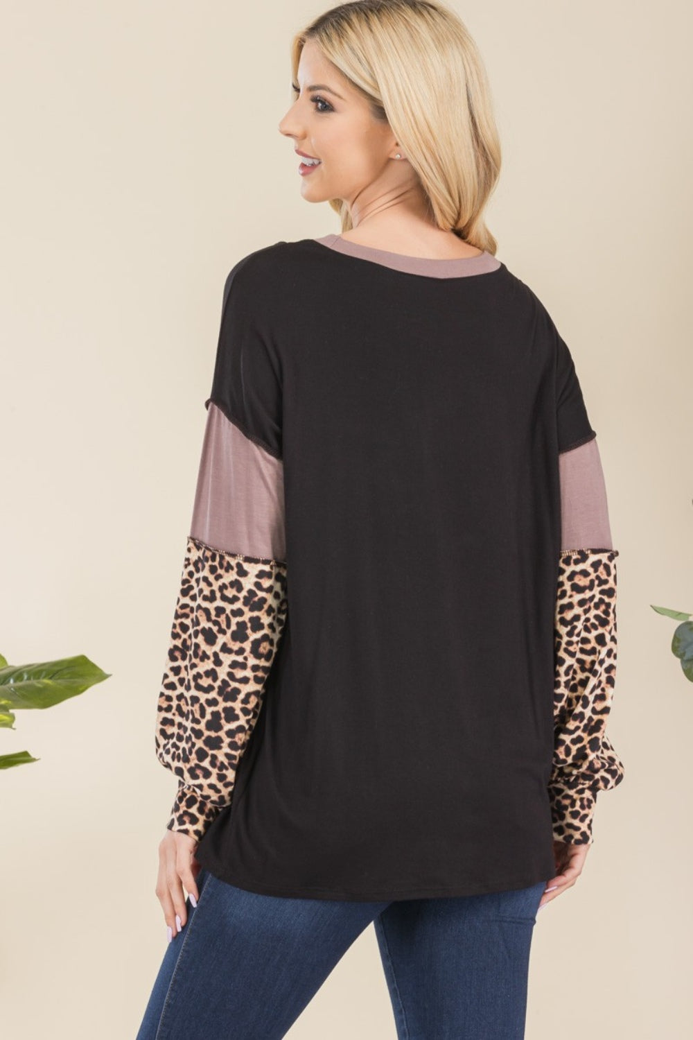 Celeste Full Size Leopard Color Block Exposed Seam T-Shirt Tops Scarlet Avenue   