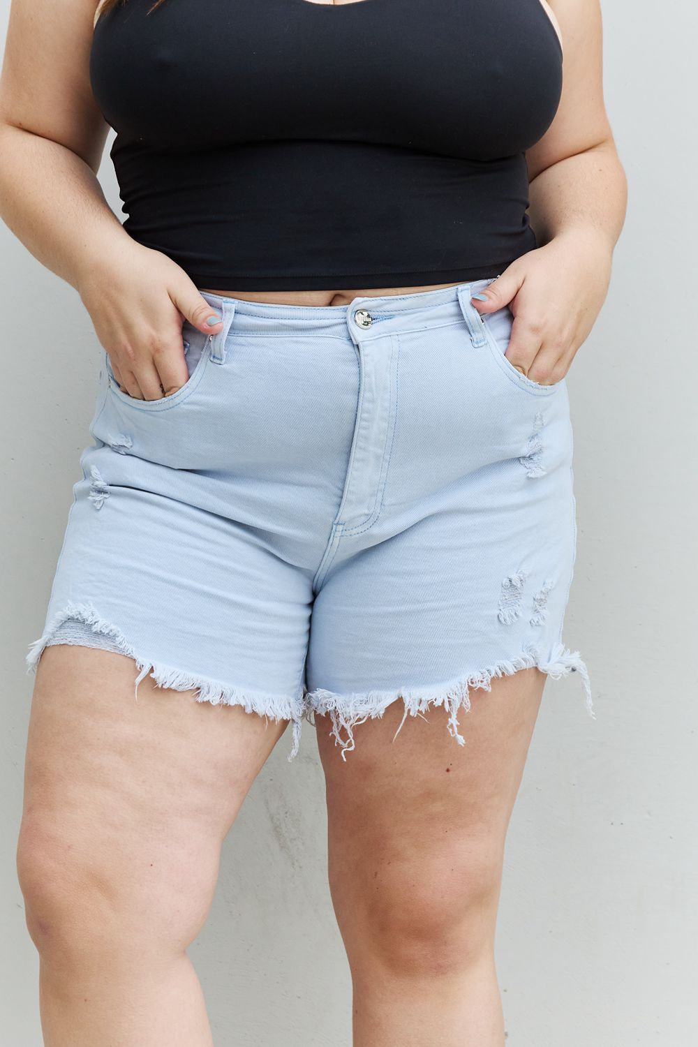 RISEN Katie Full Size High Waisted Distressed Shorts in Ice Blue Bottoms Scarlet Avenue   