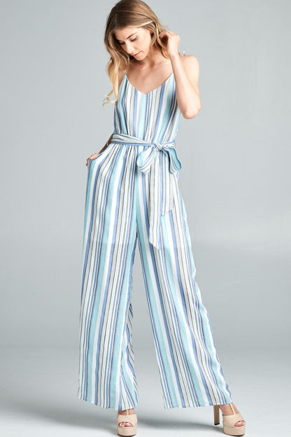 Cotton Bleu by Nu Label Tie Front Striped Sleeveless Jumpsuit Dresses Scarlet Avenue Blue S 