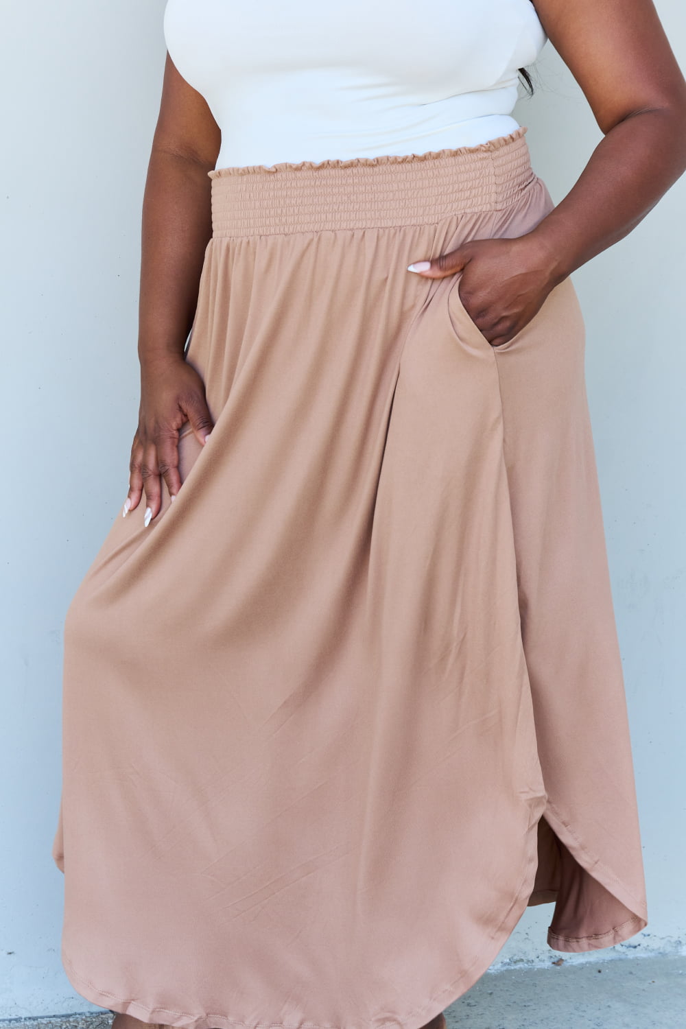 Doublju Comfort Princess Full Size High Waist Scoop Hem Maxi Skirt in Tan Bottoms Scarlet Avenue   