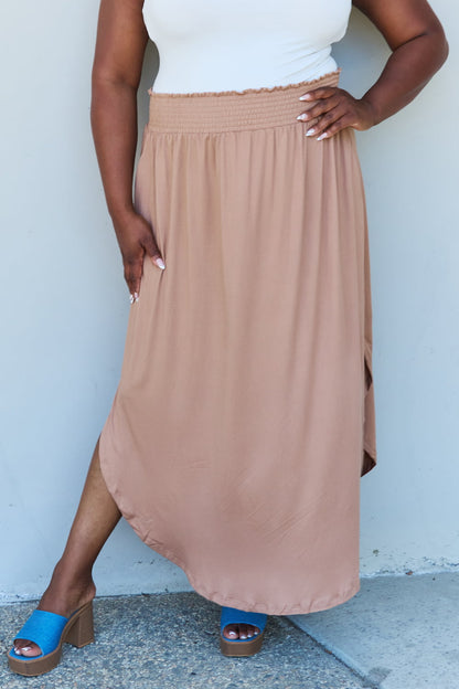 Doublju Comfort Princess Full Size High Waist Scoop Hem Maxi Skirt in Tan Bottoms Scarlet Avenue Khaki S 