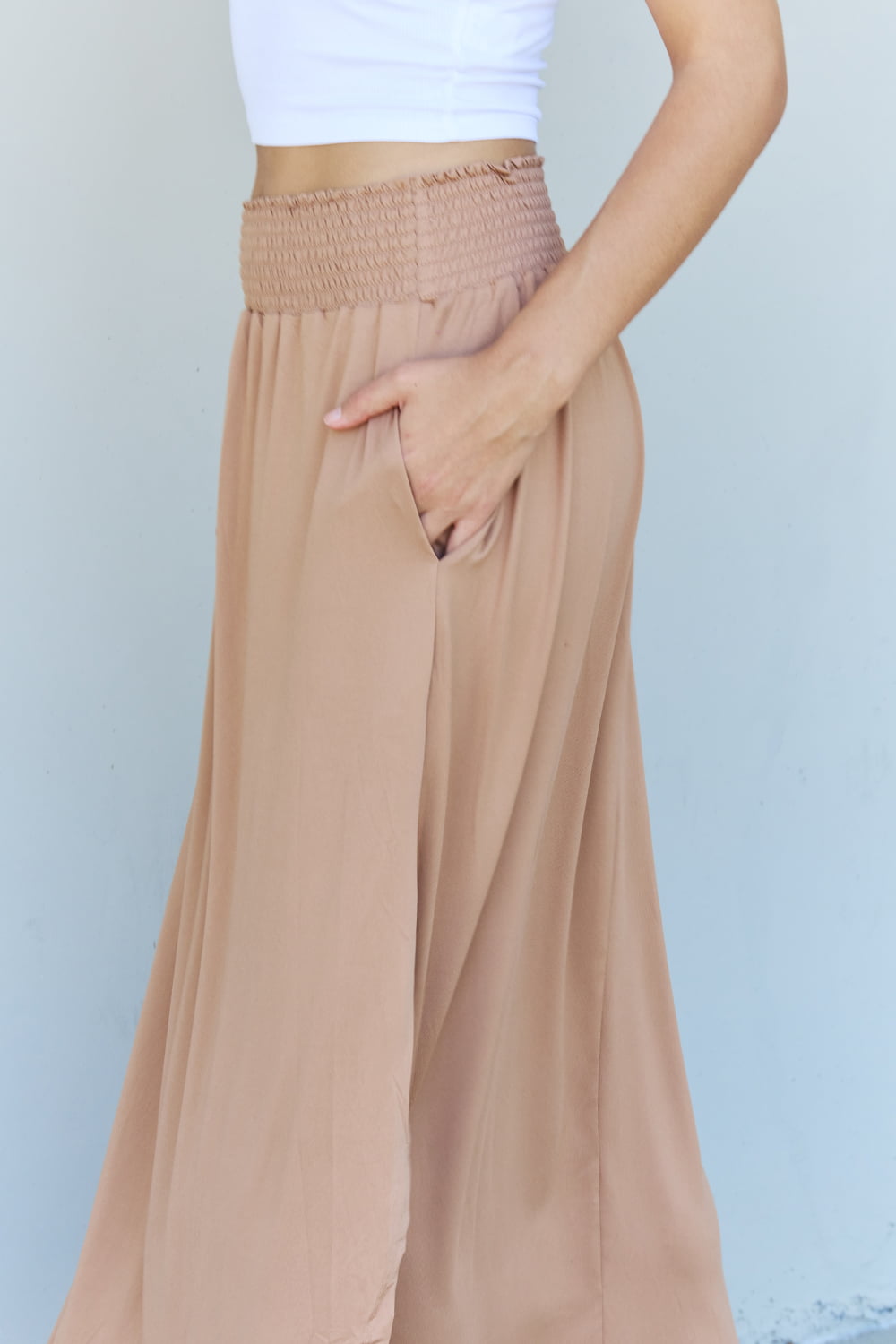 Doublju Comfort Princess Full Size High Waist Scoop Hem Maxi Skirt in Tan Bottoms Scarlet Avenue   