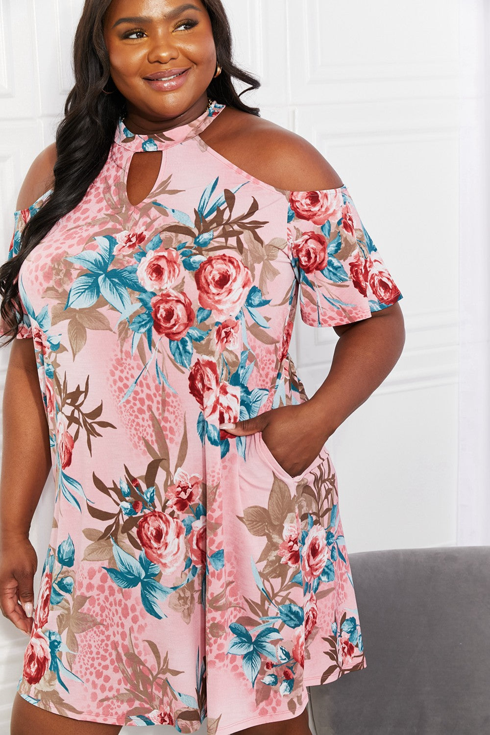 Sew In Love Full Size Fresh-Cut Flowers Cold-Shoulder Dress Dresses Scarlet Avenue   