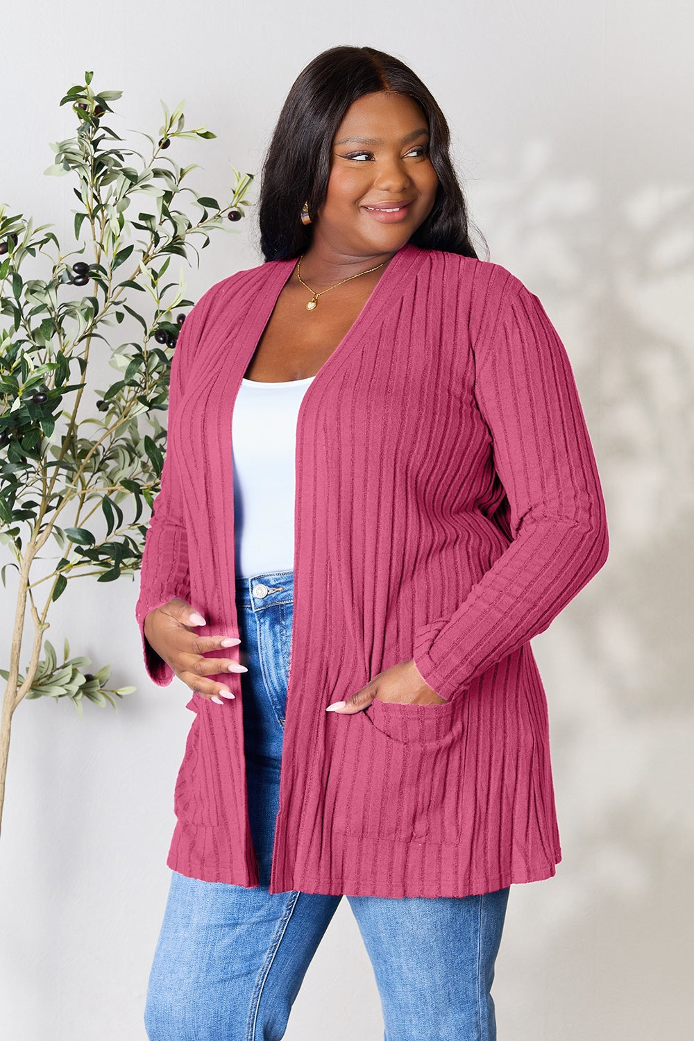 Basic Bae Full Size Ribbed Open Front Cardigan with Pockets Tops Scarlet Avenue   