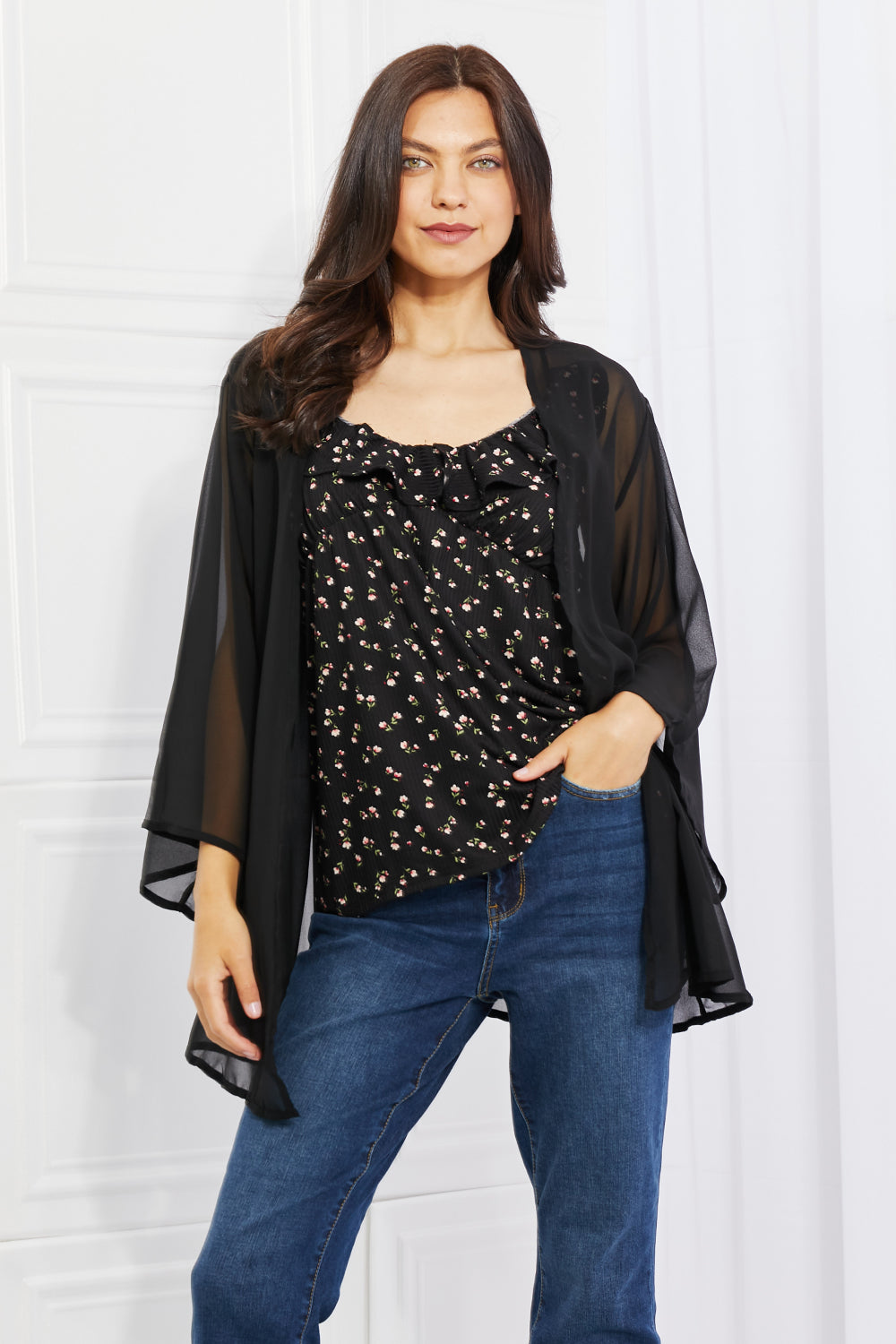 Melody Just Breathe Full Size Chiffon Kimono in Black Tops Scarlet Avenue   