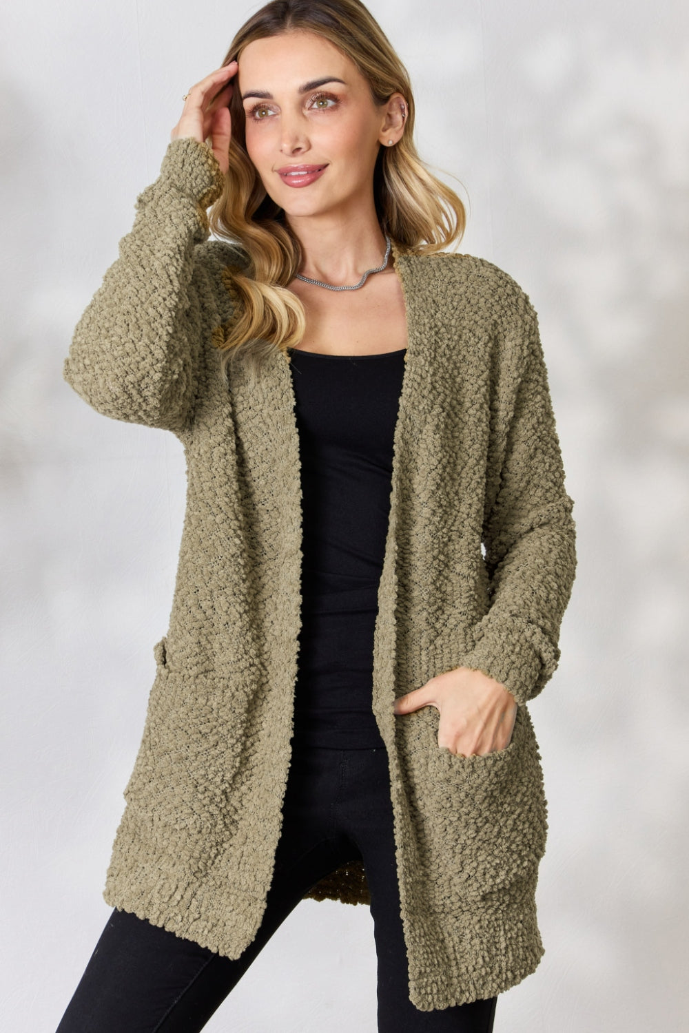 Zenana Falling For You Full Size Open Front Popcorn Cardigan Tops Scarlet Avenue Khaki S 