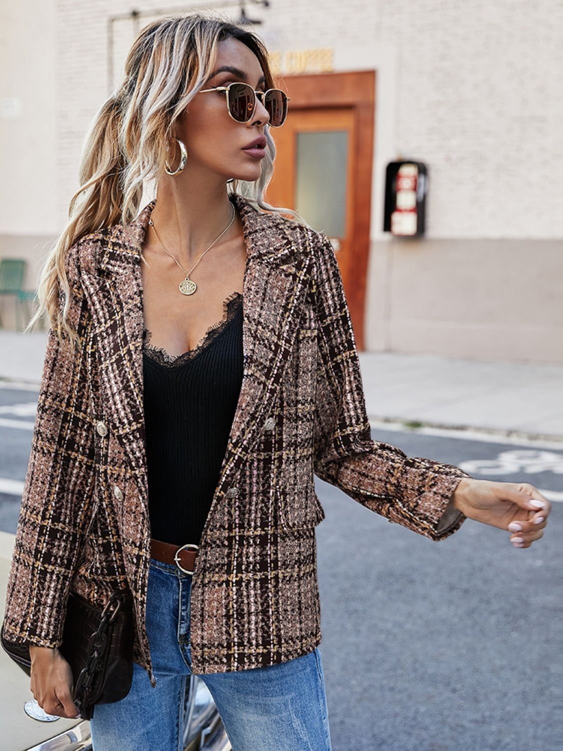 Full Size Plaid Lapel Collar Blazer Outerwear Scarlet Avenue Brown S 