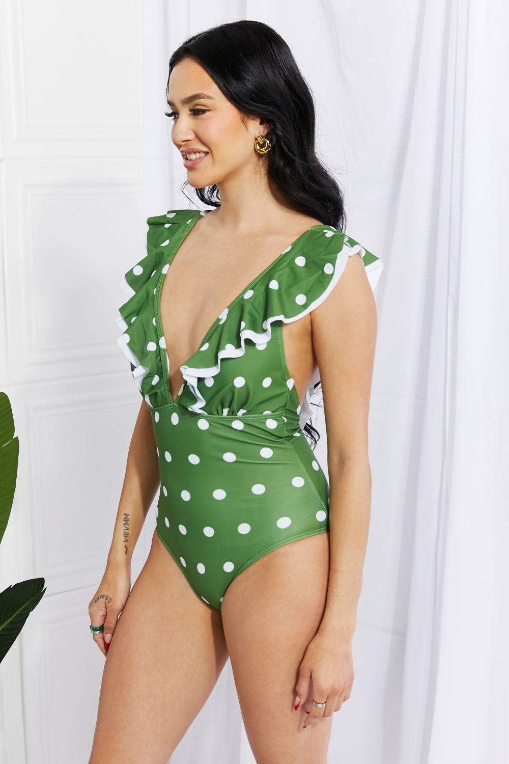 Marina West Swim Moonlit Dip Ruffle Plunge Swimsuit in Mid Green Swimwear Scarlet Avenue   