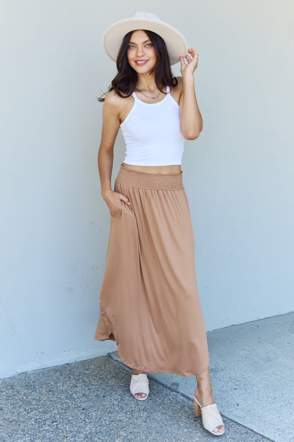 Doublju Comfort Princess Full Size High Waist Scoop Hem Maxi Skirt in Tan Bottoms Scarlet Avenue   