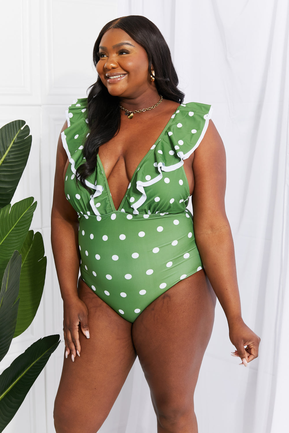 Marina West Swim Moonlit Dip Ruffle Plunge Swimsuit in Mid Green Swimwear Scarlet Avenue Green S 