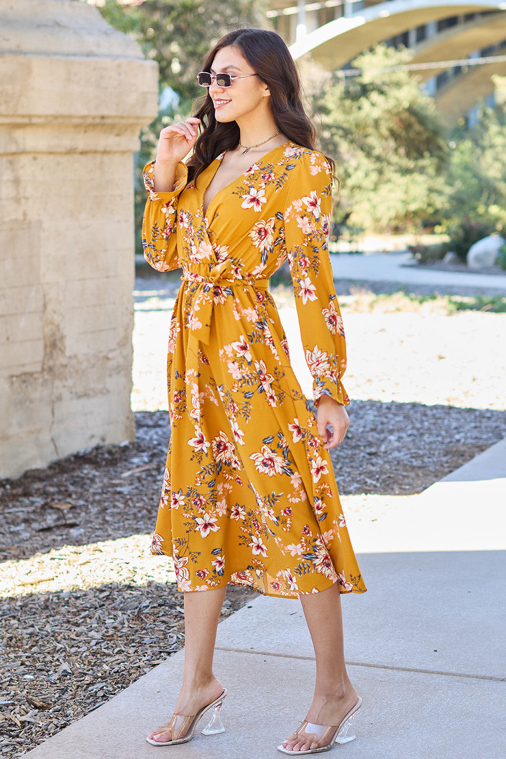 Double Take Full Size Floral Tie Back Flounce Sleeve Dress Dresses Scarlet Avenue   