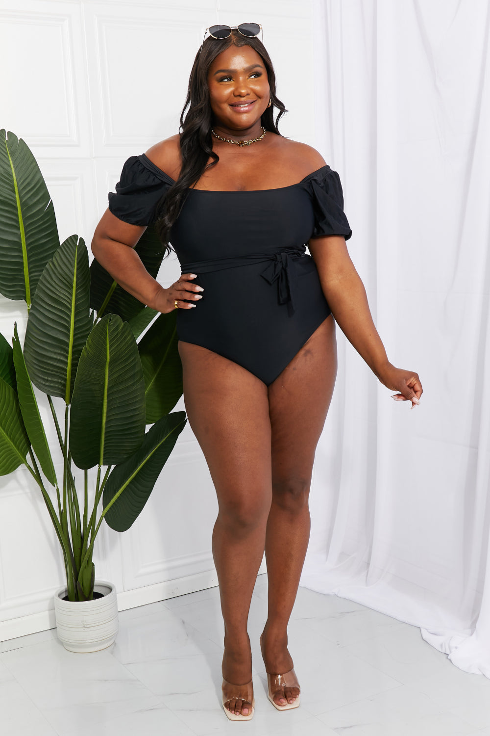 Marina West Swim Salty Air Puff Sleeve One-Piece in Black Swimwear Scarlet Avenue   