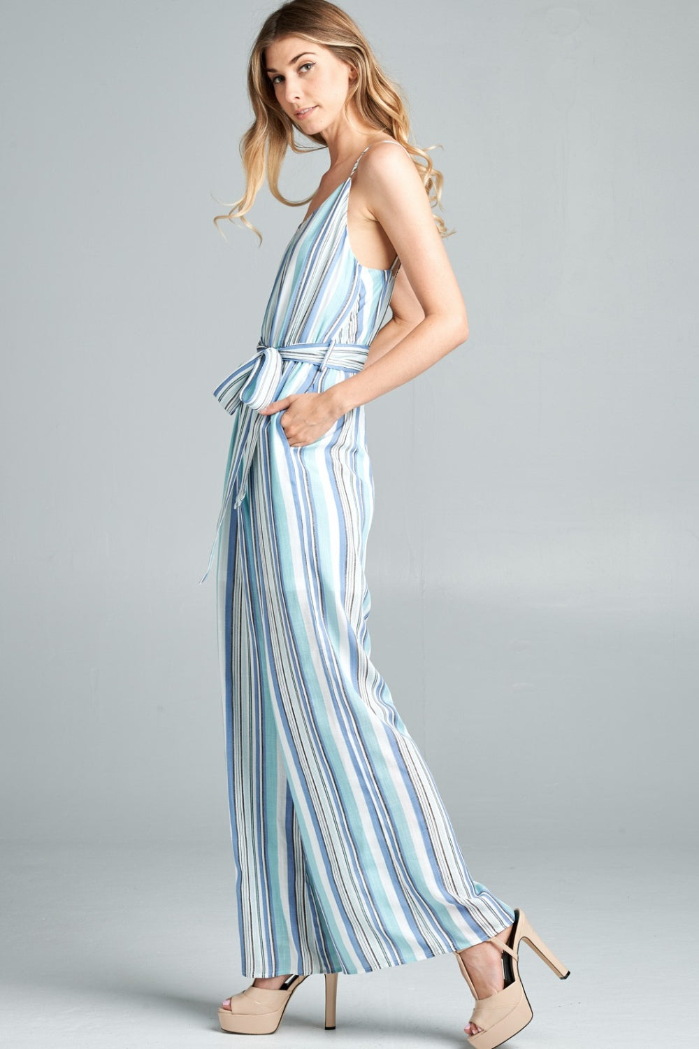 Cotton Bleu by Nu Label Tie Front Striped Sleeveless Jumpsuit Dresses Scarlet Avenue   