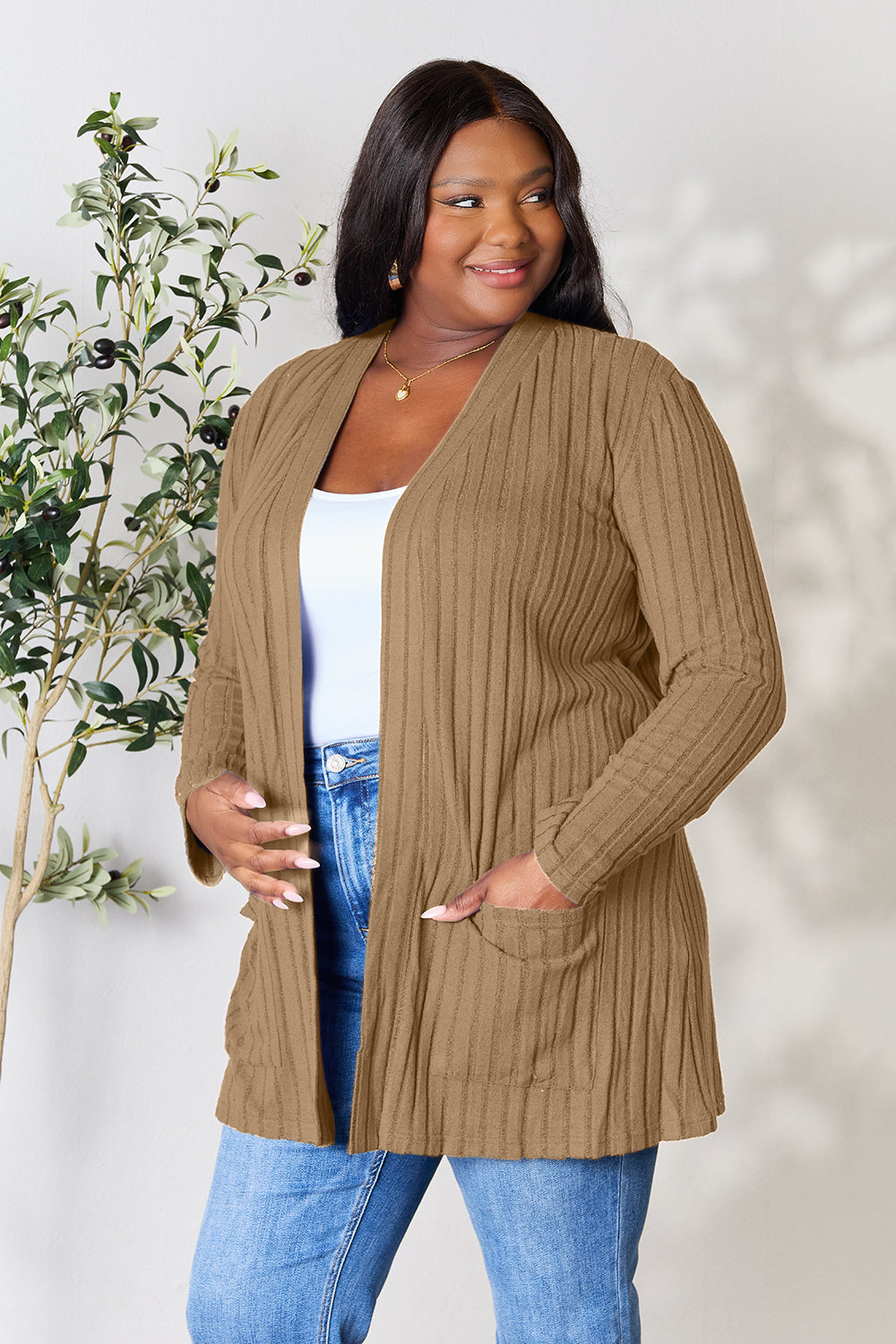 Basic Bae Full Size Ribbed Open Front Cardigan with Pockets Tops Scarlet Avenue   