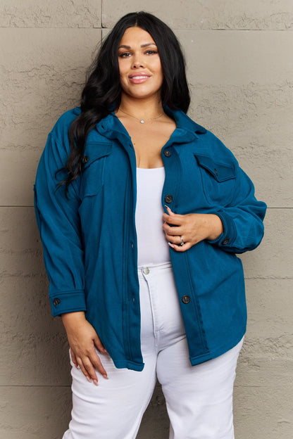 Zenana Cozy in the Cabin Full Size Fleece Elbow Patch Shacket in Teal Outerwear Scarlet Avenue Teal S 