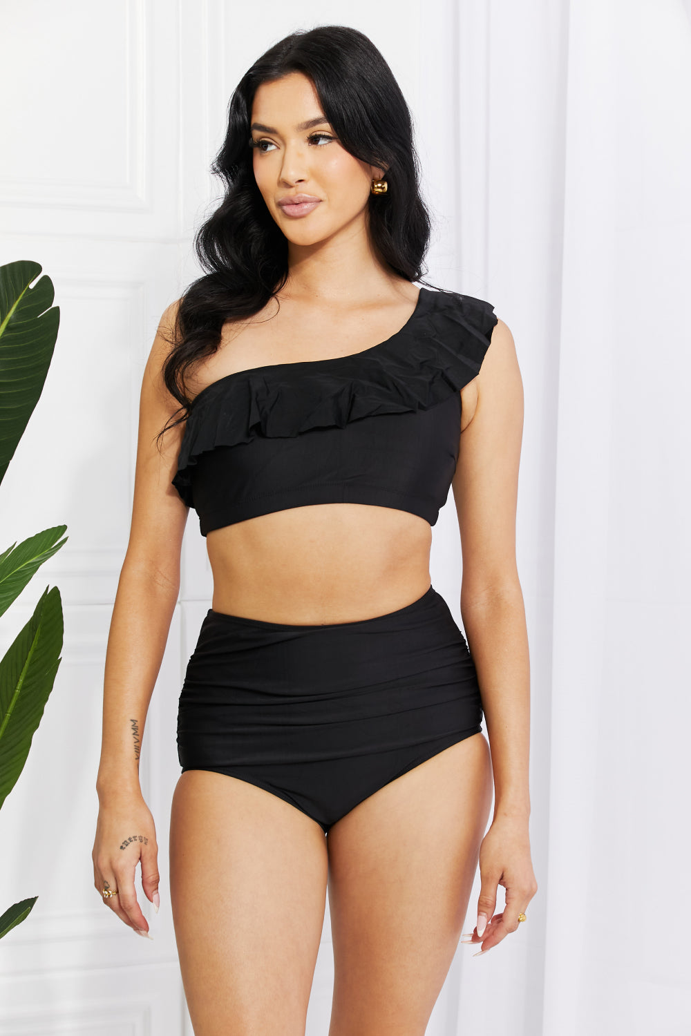 Marina West Swim Seaside Romance Ruffle One-Shoulder Bikini in Black Swimwear Scarlet Avenue Black S 