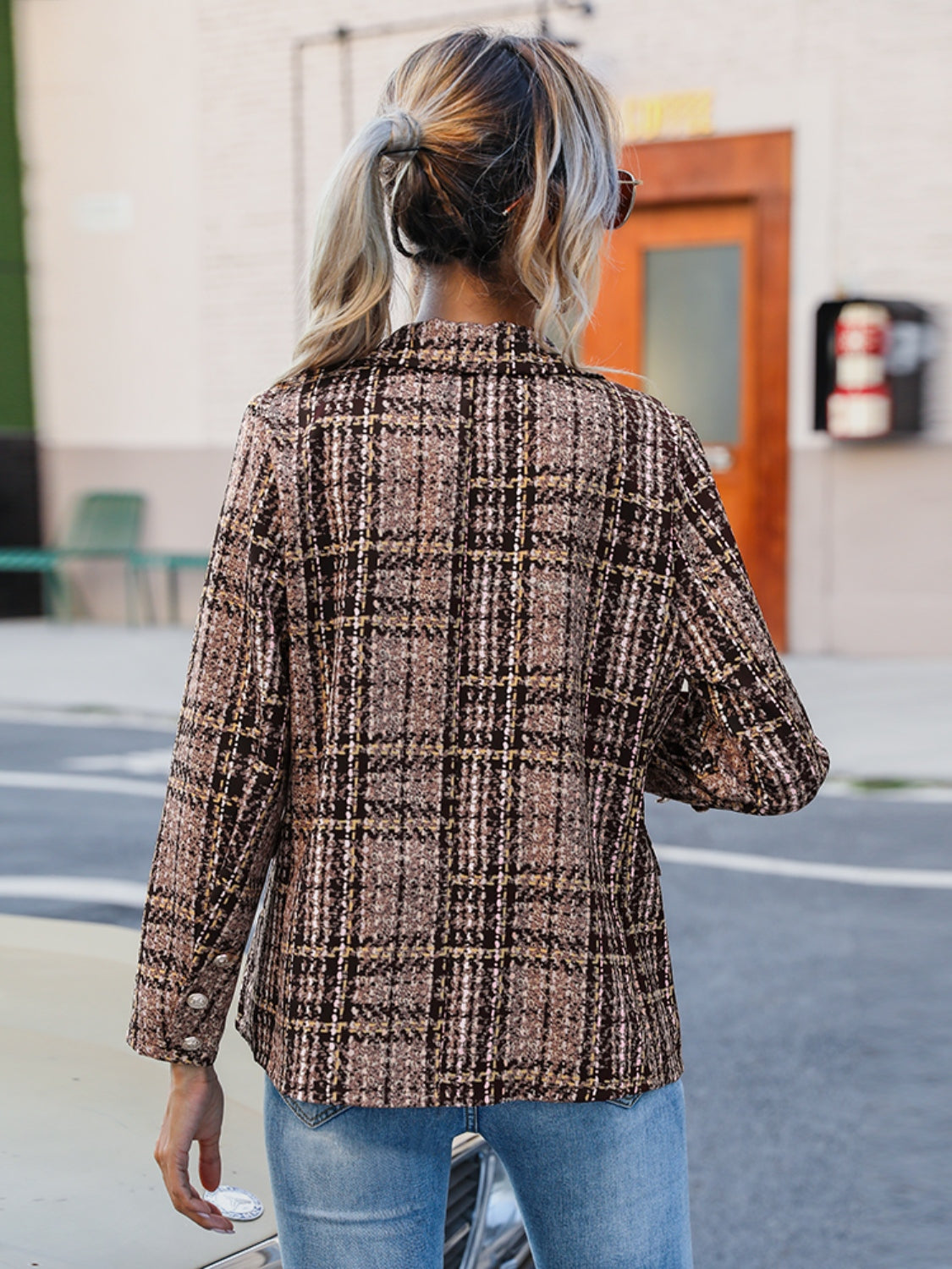 Full Size Plaid Lapel Collar Blazer Outerwear Scarlet Avenue   