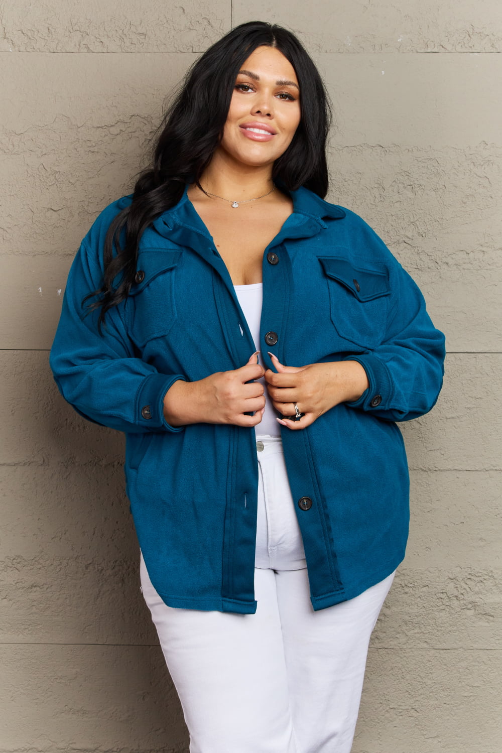 Zenana Cozy in the Cabin Full Size Fleece Elbow Patch Shacket in Teal Outerwear Scarlet Avenue   