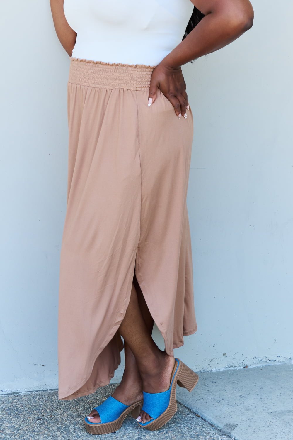 Doublju Comfort Princess Full Size High Waist Scoop Hem Maxi Skirt in Tan Bottoms Scarlet Avenue   