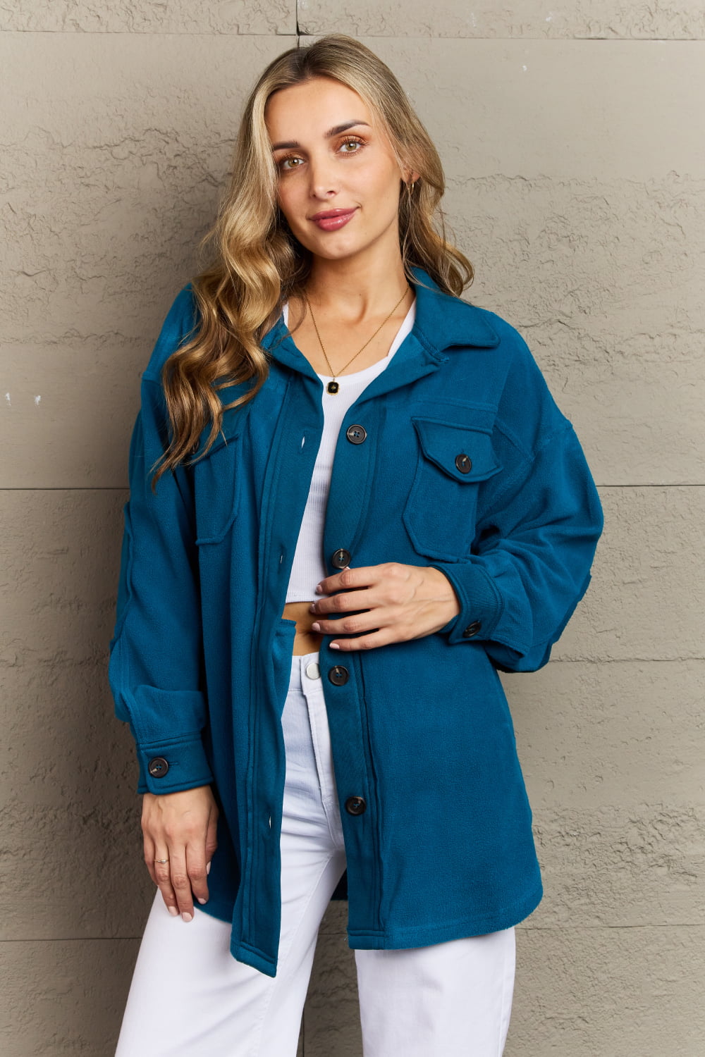 Zenana Cozy in the Cabin Full Size Fleece Elbow Patch Shacket in Teal Outerwear Scarlet Avenue   