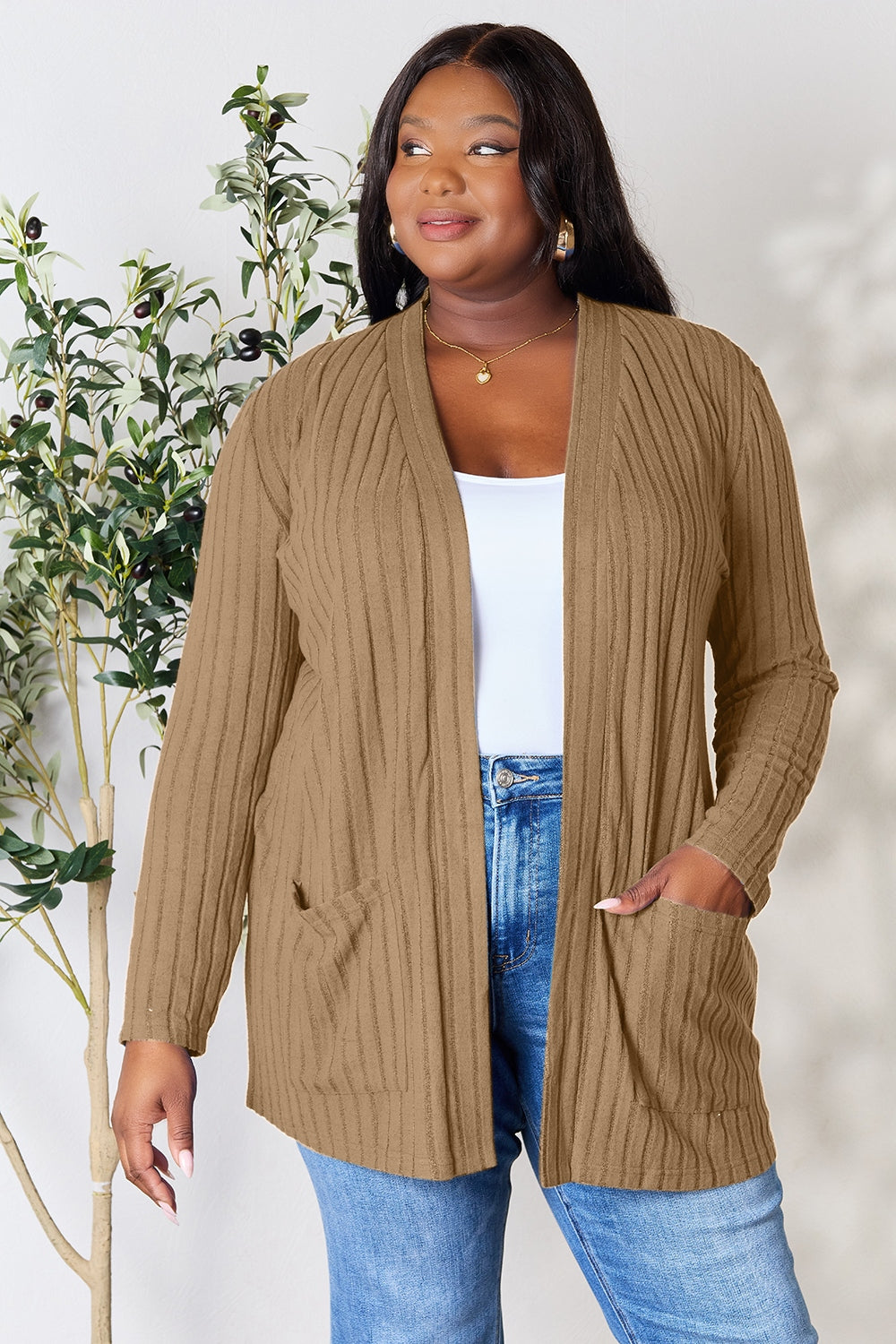 Basic Bae Full Size Ribbed Open Front Cardigan with Pockets Tops Scarlet Avenue Khaki S 