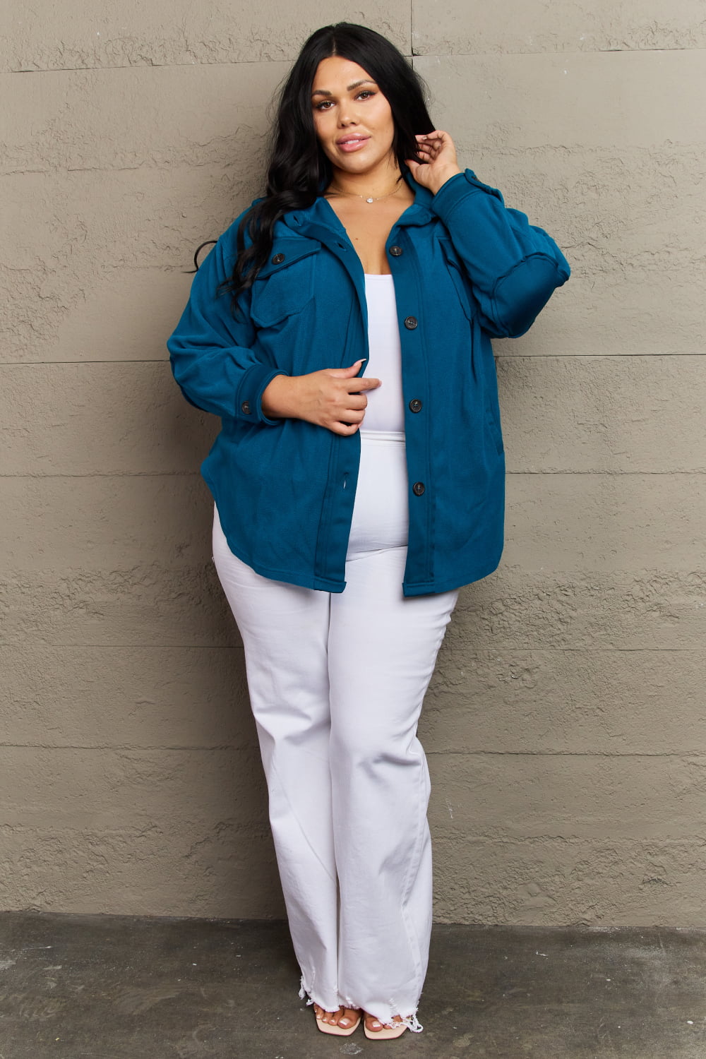 Zenana Cozy in the Cabin Full Size Fleece Elbow Patch Shacket in Teal Outerwear Scarlet Avenue   