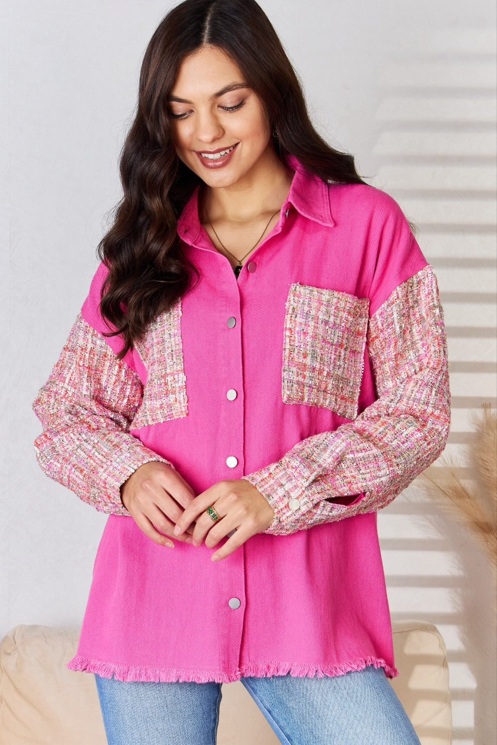 And The Why Tweed Detailed Button Down Raw Hem Shacket Outerwear Scarlet Avenue FUCHSIA S 