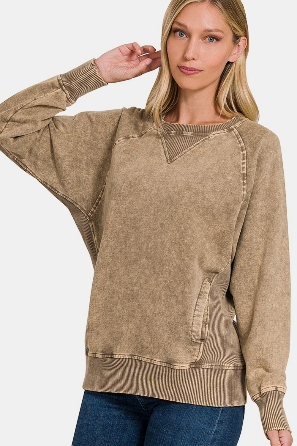 Zenana Pocketed Round Neck Sweatshirt Outerwear Scarlet Avenue MOCHA S 