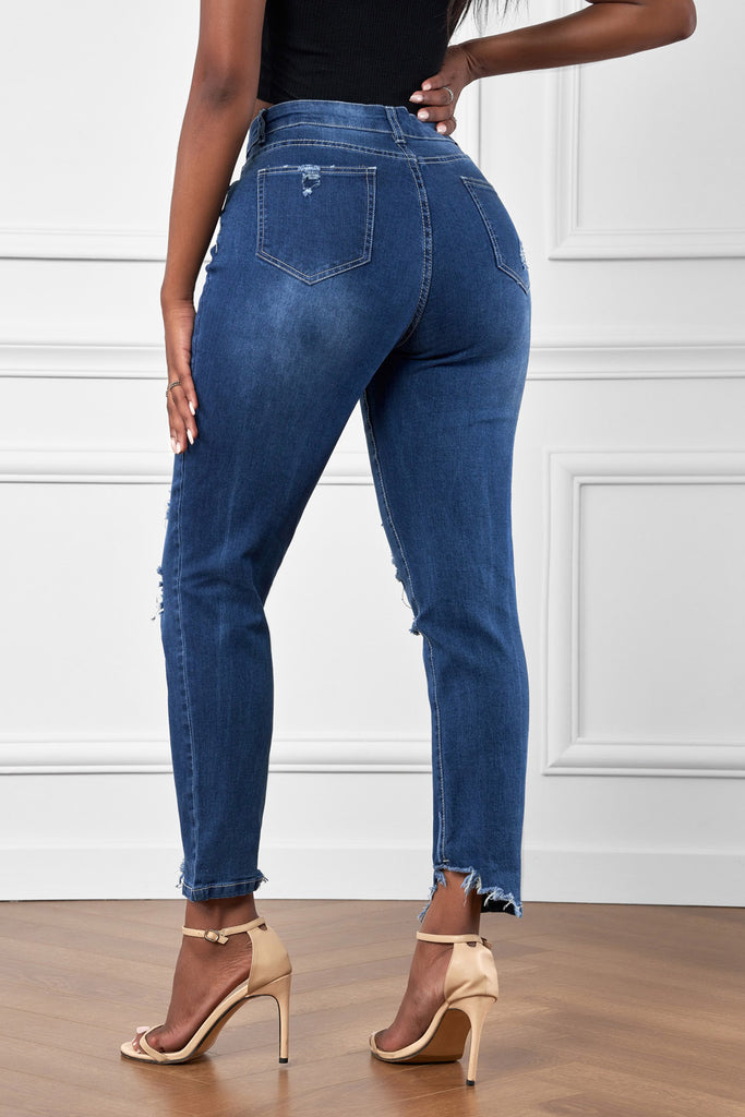 High-Rise Distressed Hem Detail Jeans - Scarlet Avenue