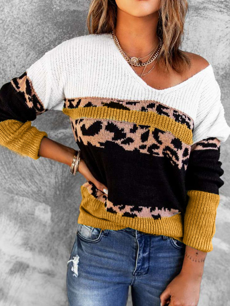 Leopard Color Block V-Neck Rib-Knit Sweater - Scarlet Avenue