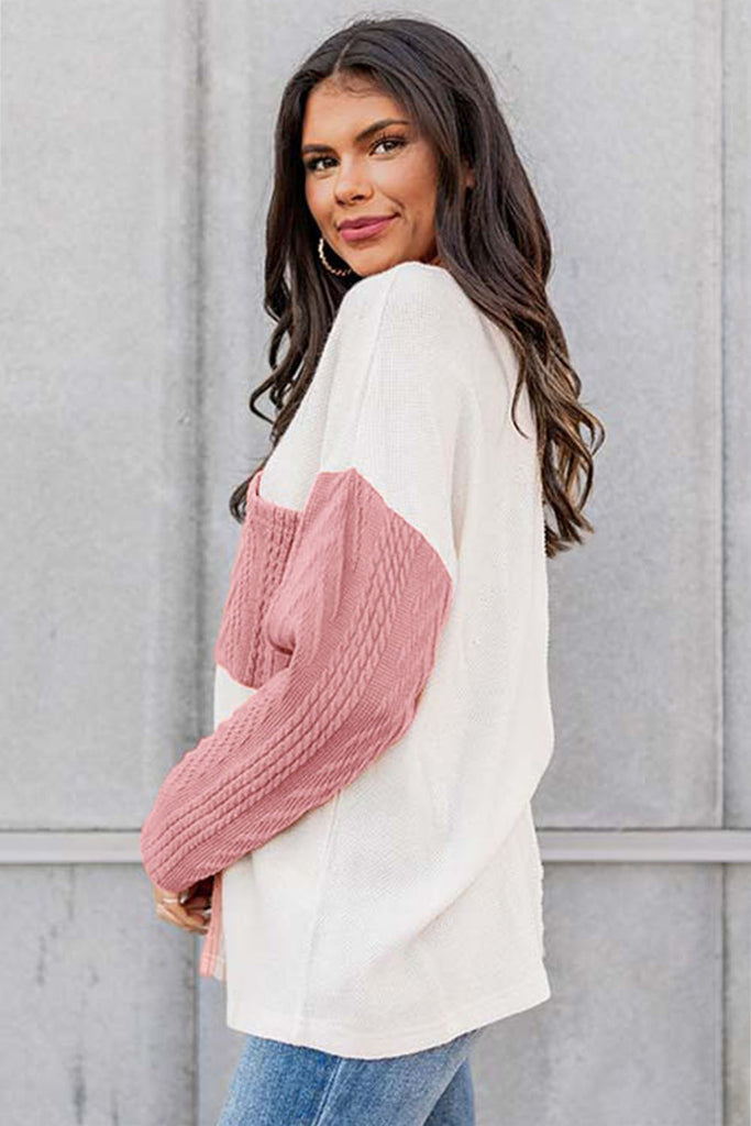 Full Size Color Block Cable-Knit Sweater - Scarlet Avenue