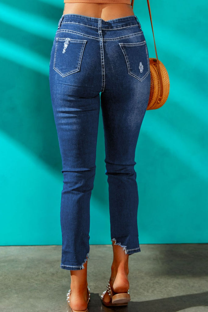 High-Rise Distressed Hem Detail Jeans - Scarlet Avenue